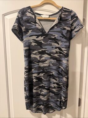 Blue Camo Short Sleeve V-Notch Dress